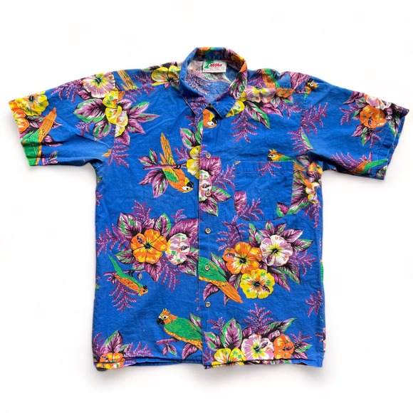 vintage Other - Vintage Hawaiian Shirt USA Made Birds Parrot Tropical Floral Blue Short Sleeve S